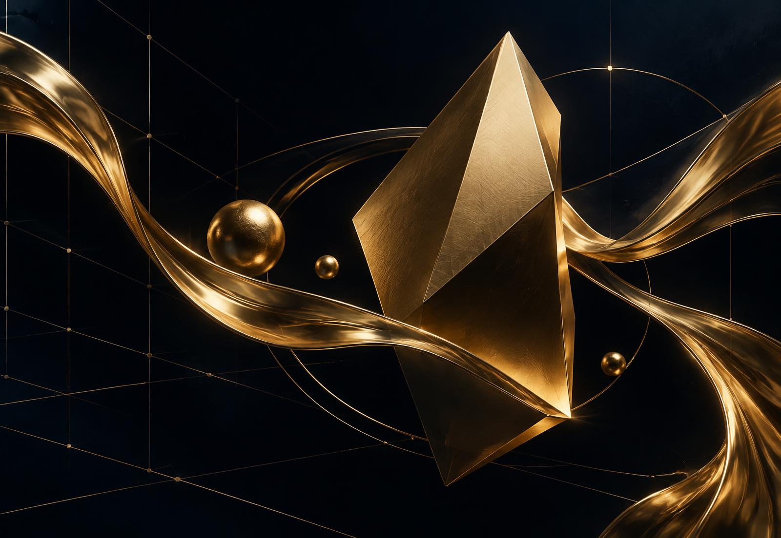 Sculpted gold monolith suspended in deep navy space